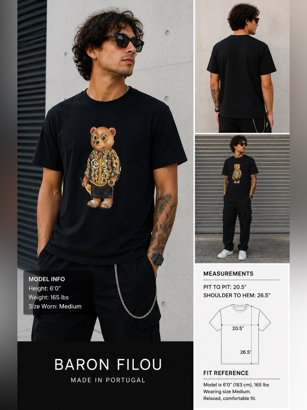 Baron Filou Teddy Bear Graphic T-Shirt Black Made in Portugal Men's Medium